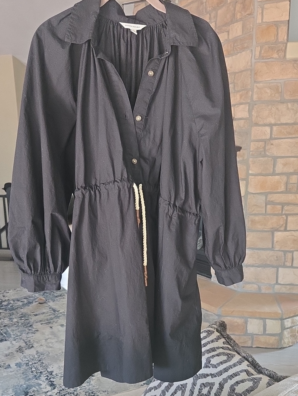 Banana Republic Black Long-Sleeve Drawstring Shirt Dress